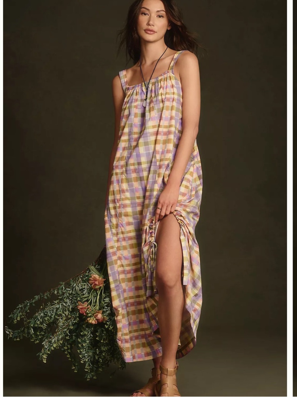 Anthropologie Daily Practice Coming Up Midi Dress Plaid Lilac Size L